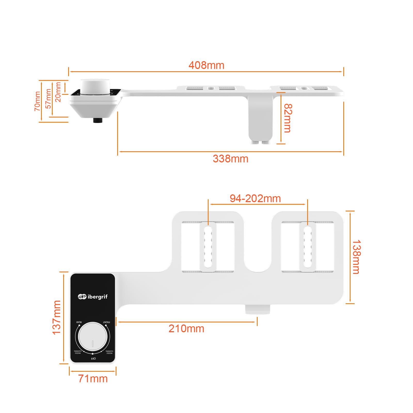 Ibergrif Toilette Japonaise non Électrique, Bidet Toilette WC Ultra Fin avec Double Buses Rétractables Autonettoyantes, Lave Fesses WC Pression d'Eau Réglable, Nettoyage Avant et Arrière