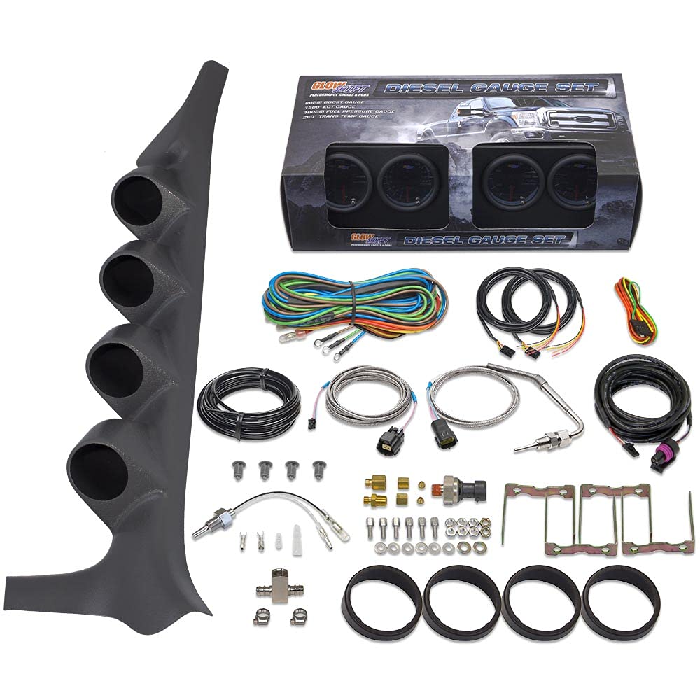 GlowShift Diesel Gauge Package Compatible with Ford F-Series F-250 F-350 1992-1997 - Tinted 7 Color 60 PSI Boost, 1500F EGT, Transmission Temp & 100 PSI Fuel Pressure Gauges - Gray Quad Pillar Pod