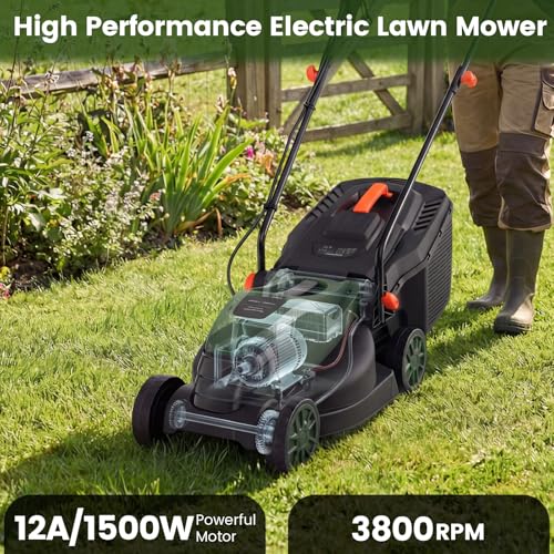 Image of DORTALA Lawn Mower, Corded 14 inch Electric Push Mower, 3-Position Cutting Height Adjustment, 9.3 Gal Grass Collection Box, 12 AMP Motor, 1500W, Lightweight Walk-Behind Mower for Small Medium Yard (Green)