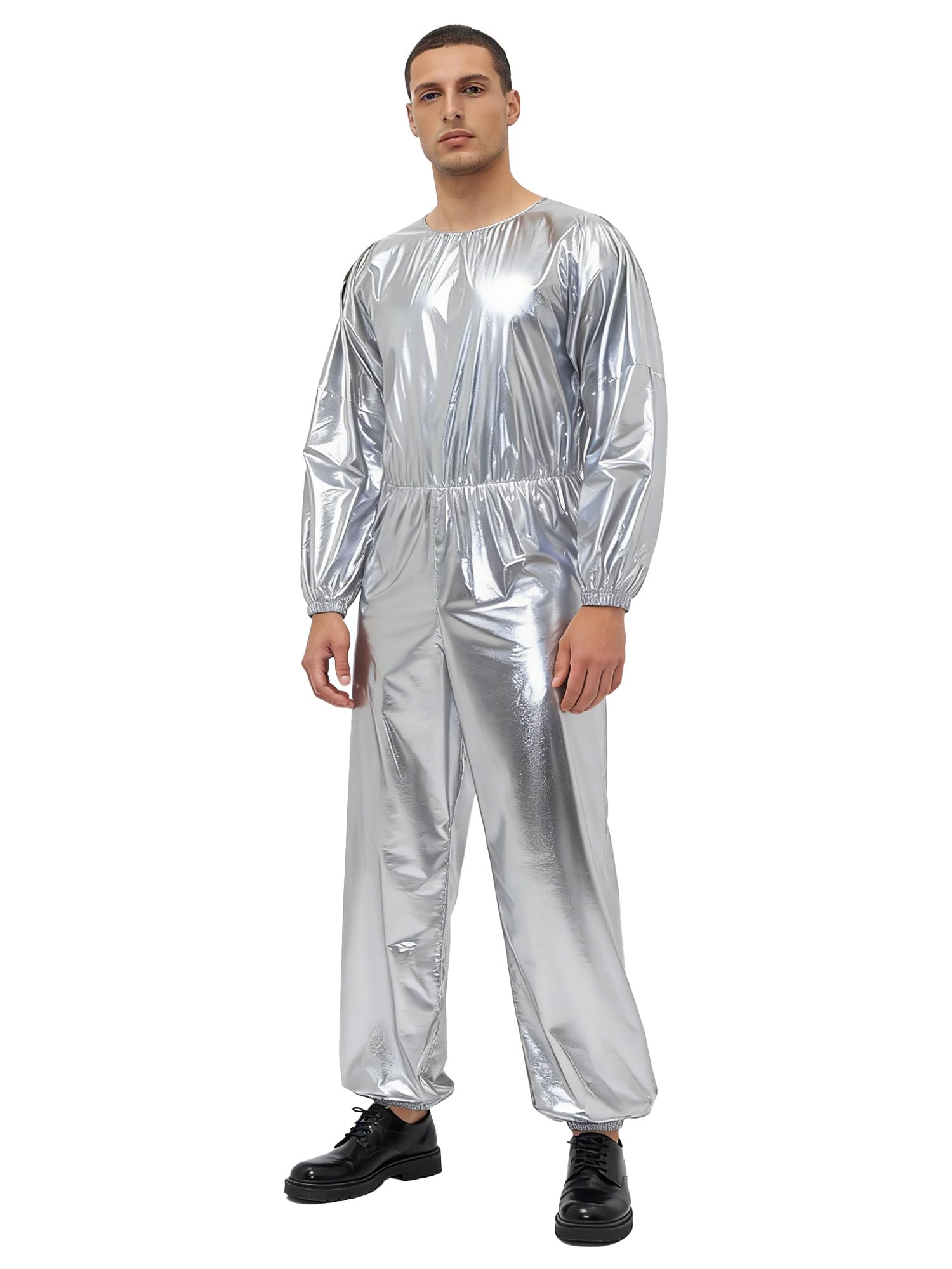 Moggemol Adult Incontinence Plastic Bodysuit Long Sleeve One Piece Windproof Full Body Suit Night Club Leotard Silver S