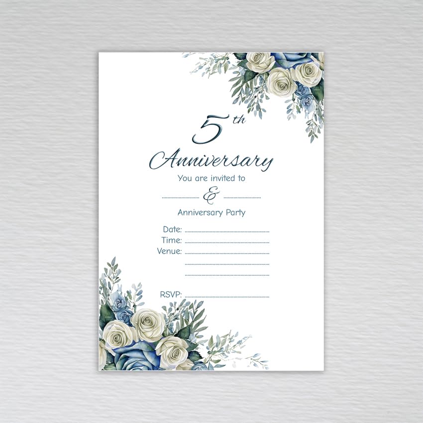 Webspectations Pack of 5th Wedding Anniversary Invitations: Dusty Blue Rose 5th Anniversary Invites (Pack of 50 without Envelopes)