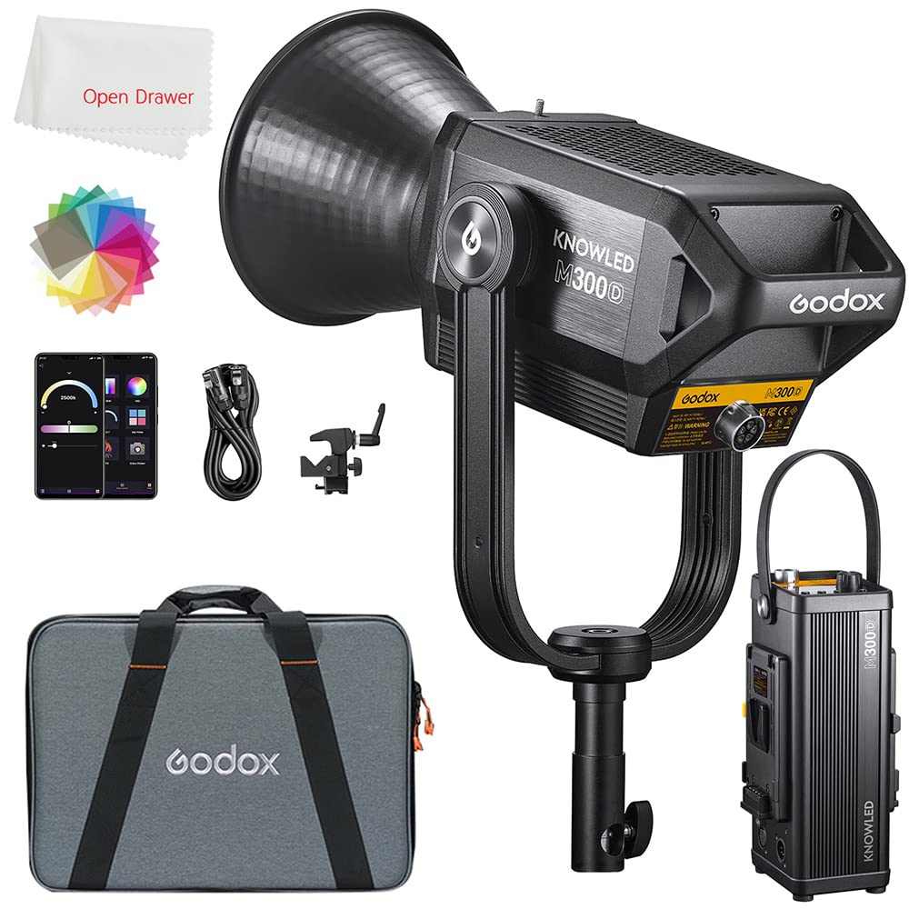 Godox M300D LED Video Light, KNOWLED Vdier Light, MAX 330W 5600K 100000LUX CRI 96+ TLCI 97+, Built-in 12 FX Effects for Film, Portrait, Wedding, Outdoor Shooting, YouTube Videos