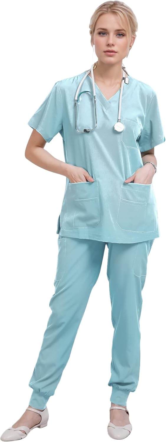 Yoweenton Town Scrubs for Women Scrub Set - Jogger Pant and Comfort Stretch V-Neck Easy Care Uniforms