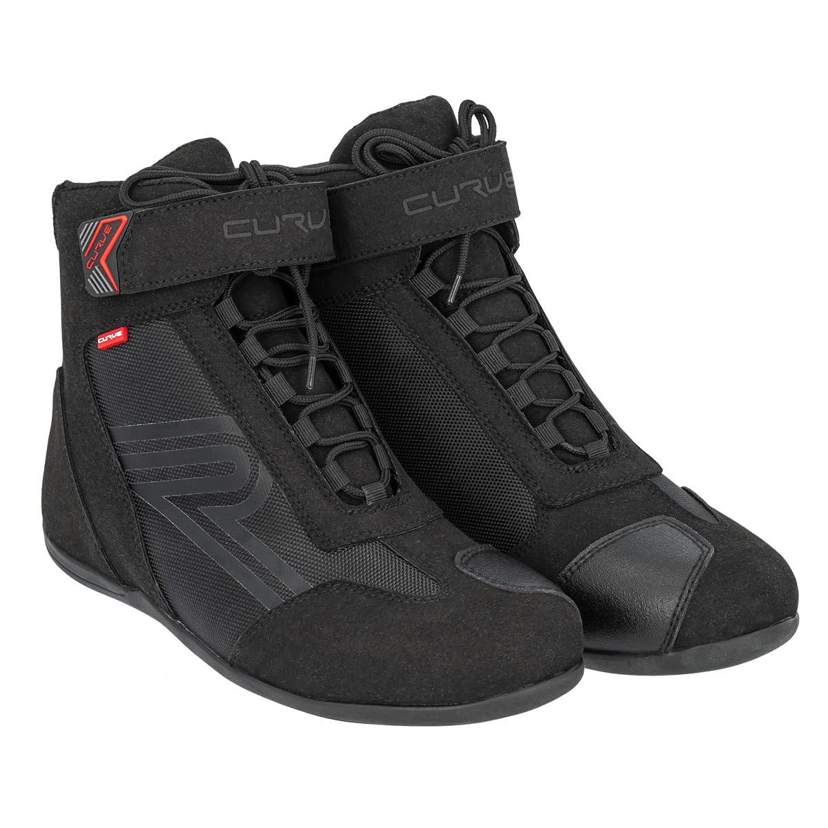 CURVE Botas moto Radium Negro, Micro amara, Protección cambio, tobillo y talón, Cierre autoadherente con cordones, Suela antideslizante, Adultos, Hombre, Mujer, CE