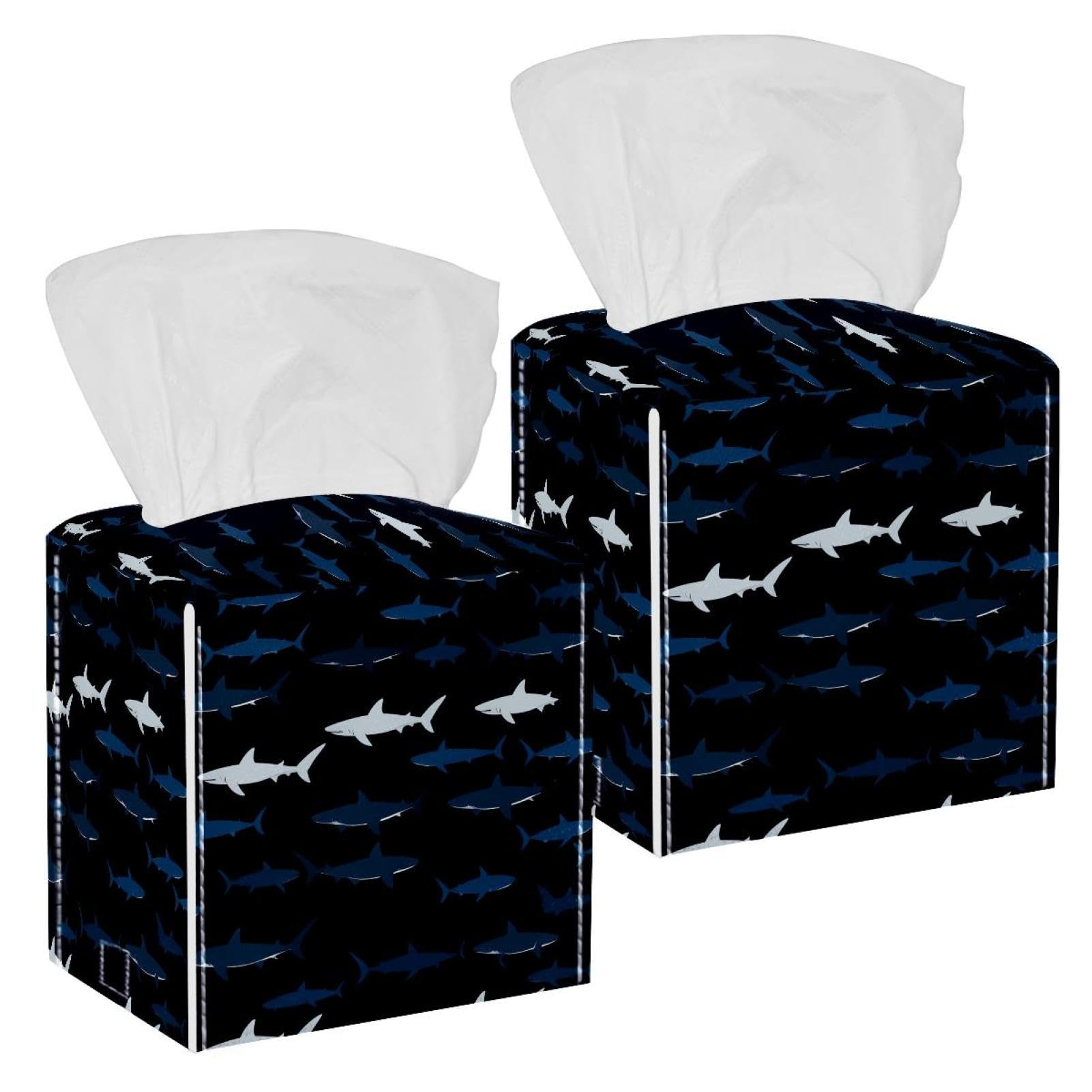 Sharks Tissue Box Cover, 2 Pack PU Leather Square Facial Tissue Dispenser Box holder for Home Office Car