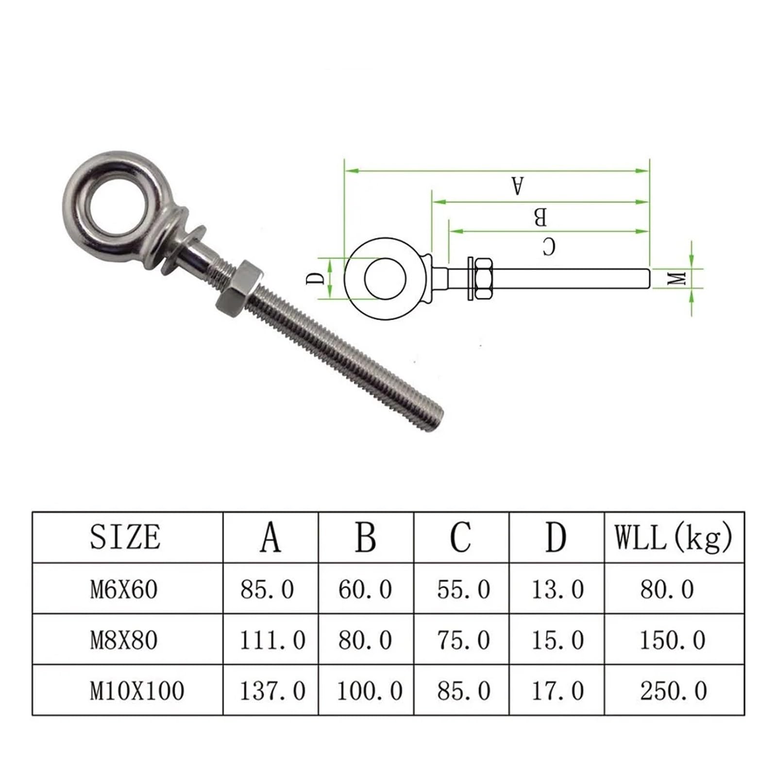 Boulons et écrous pour anneaux de levage Boulon à œil de levage à épaule longue HX en acier inoxydable 316, avec écrou M6 M8 M10 for le levage de câbles métalliques, 5 pièces (Size : M10)