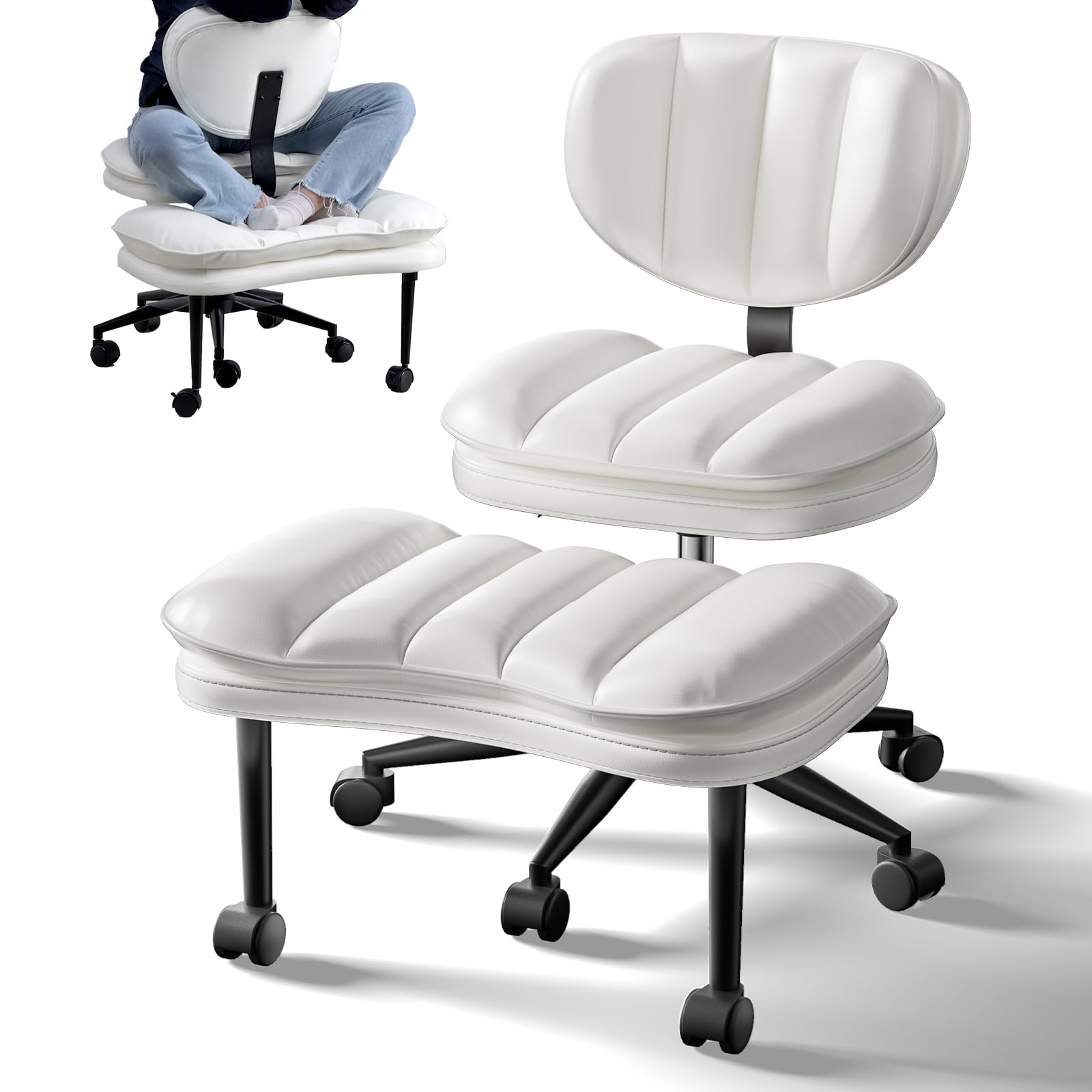 Cross Legged Office Chair, Ergonomic Kneeling Chair, Cloud Criss Cross Desk Chair, 360° Swivel Adhd Meditation Chair with Ajustable Height and Back Support, White White Ribbed PU Leather Chair