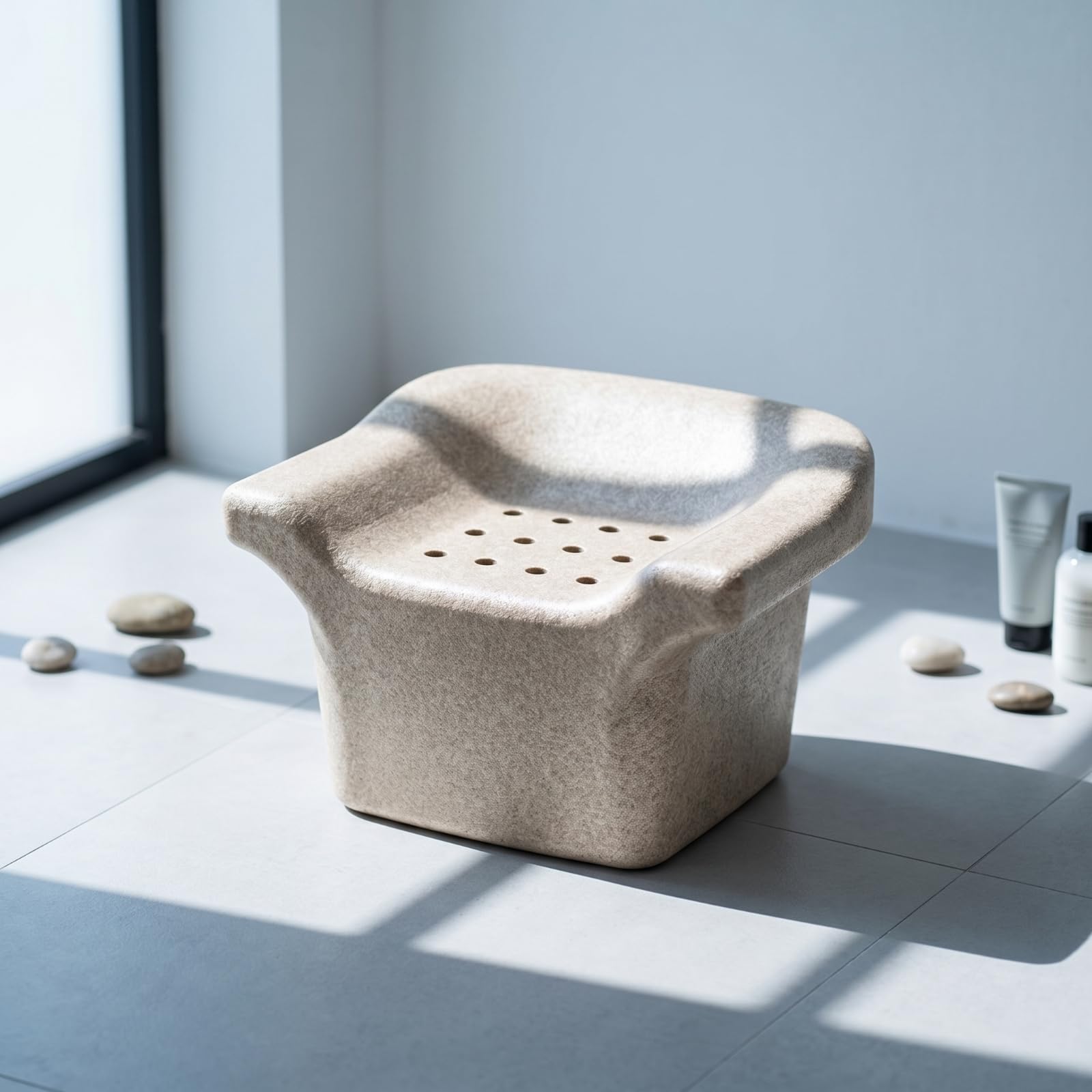 harayaa Sgabello da Doccia in Schiuma Sedia Bagno Sgabello Supporto Sedile Ergonomico Drenante Base Stabile Resistenza Allo Scivolamento Adatto per Assistenza Igiene Personale in Bagno, Beige