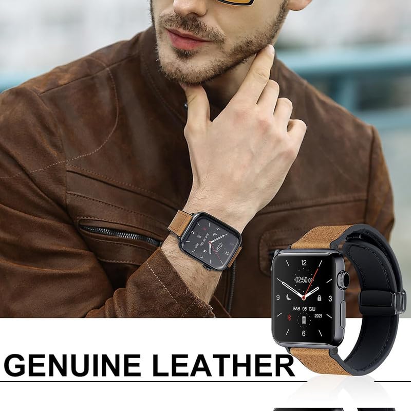 Image of Magnetic Leather Bands Compatible with Apple Watch 49mm 46mm 45mm 44mm 42mm | Genuine Leather with Magnetic Buckle for iWatch Ultra 2 Ultra SE Series 10 9 8 7 5 4 3