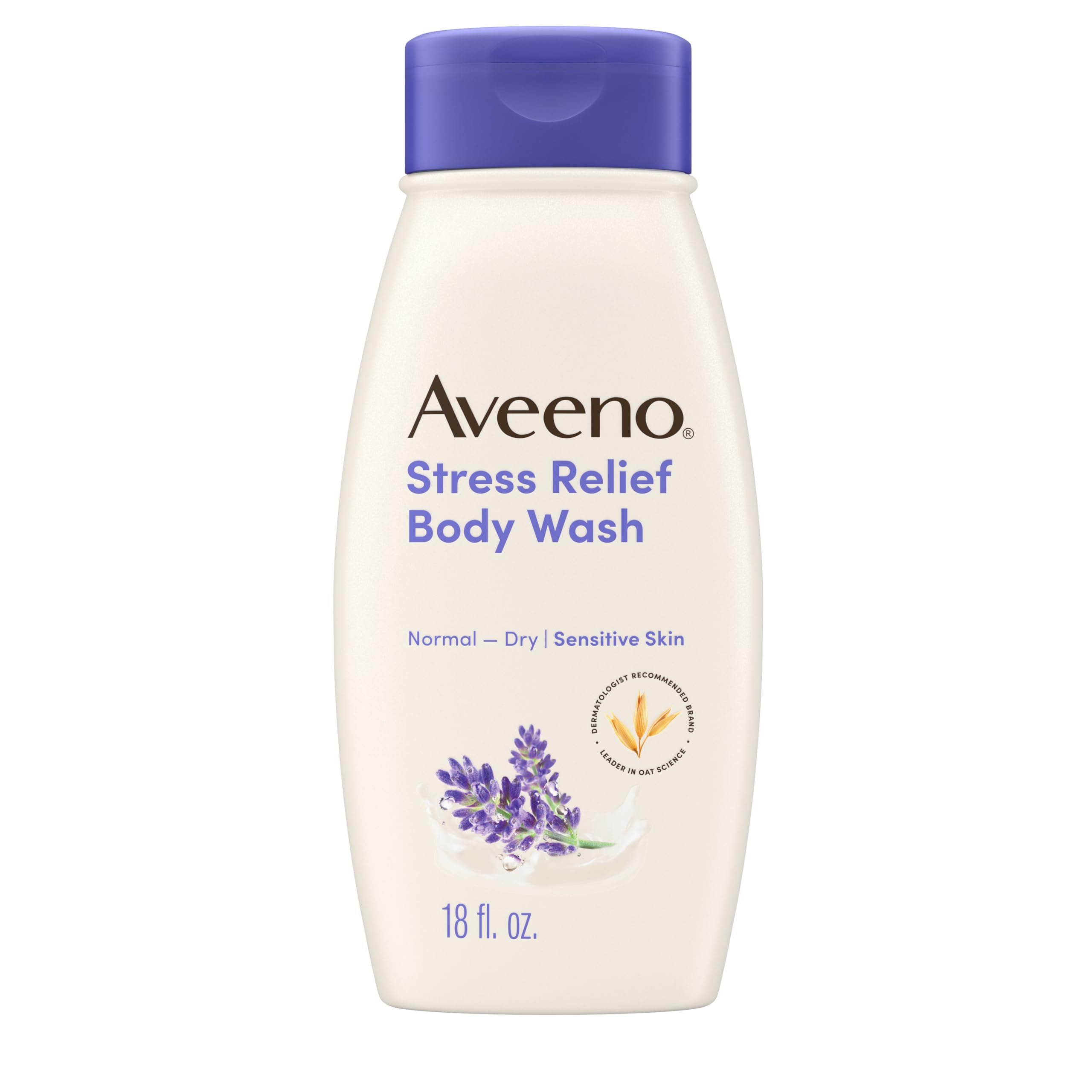 Aveeno Stress Relief Body Wash with Nourishing Oat & Lavender Scent for Sensitive Skin, Gently Cleanses & Helps You Feel Calm & Relaxed in the Shower, Soap-Free, 18 fl. oz