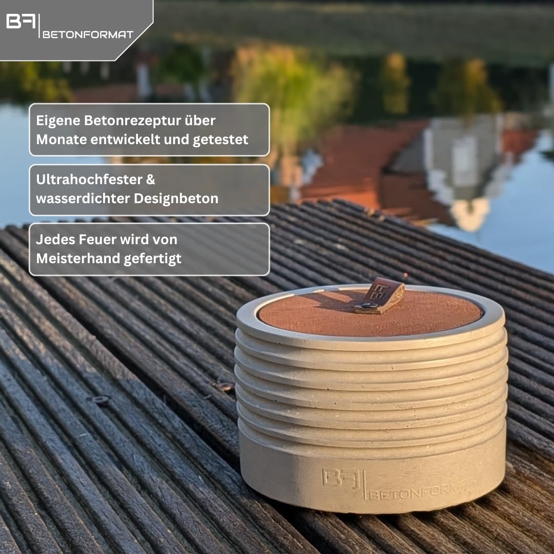 Kolbenfeuer | Wachsfresser | Outdoor Kerzenfresser 14cm aus Beton Hellgrau | Tischfeuer mit Dauerdocht | Kerzenwachs recyceln | handgefertigt | Lagerfeuer für Garten & Terrasse