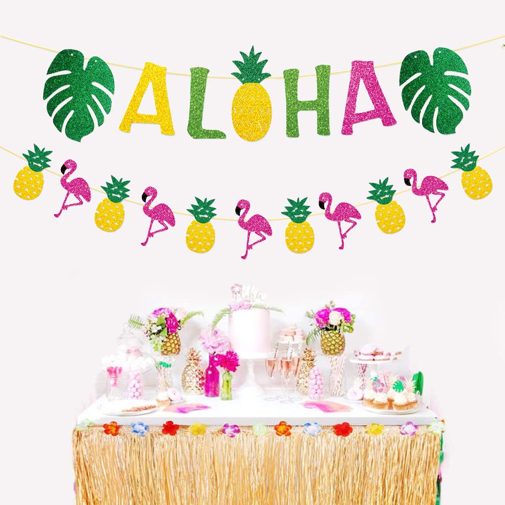 Hawaiiaanse Aloha Feestbanner Set – 3 Stuks (Aloha, Flamingo/ananas, Monstera) – Perfect Voor Tropisch Feest, Zomer, Strand Of Verjaardag