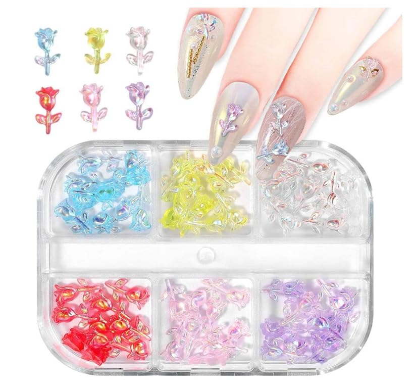 NPAH Aurora Rose AB Transparent Nail Resin Decoration Mini Rose Ornaments Nail Jewelry Acrylic Nail Stones Gems for 3D Nails Art Decorations (6COLOUR Rose Flower Set)-image-19