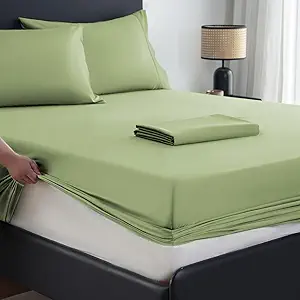 MEISHANG Extra Deep Pocket Queen Sheets Cotton - 1000 Thread Count Sheet Set - Fits 18"-24" in Deep Mattress,100% Egyptian Cotton,Sateen Weave, Soft & Breathable - 4 Piece (Queen, Olive Green)