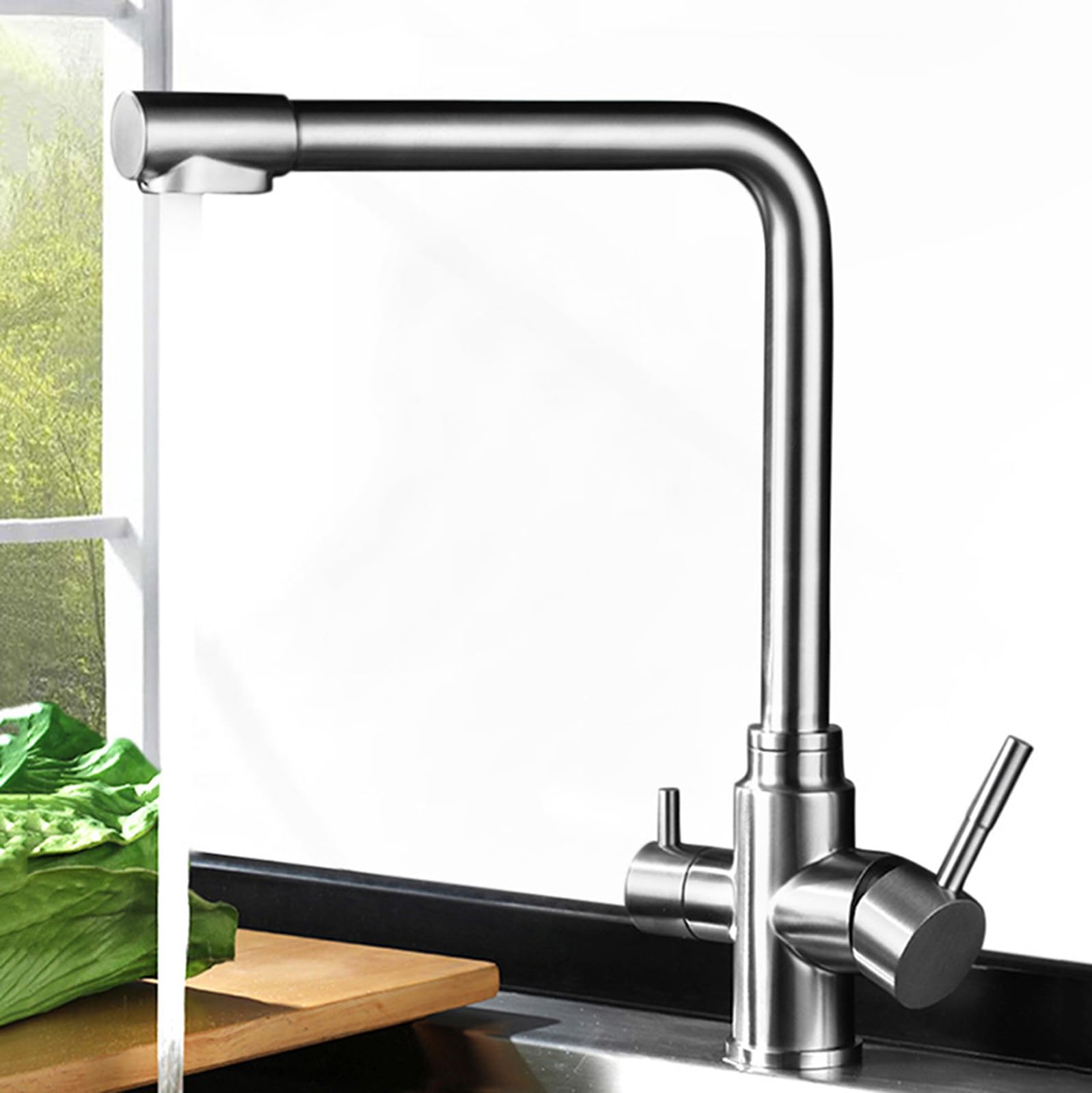 Mitigeur 3 Voies Cuisine Filtre A Eau Robinet Chaude et Froide Eau Rotatif en Acier Inoxydable,Noir