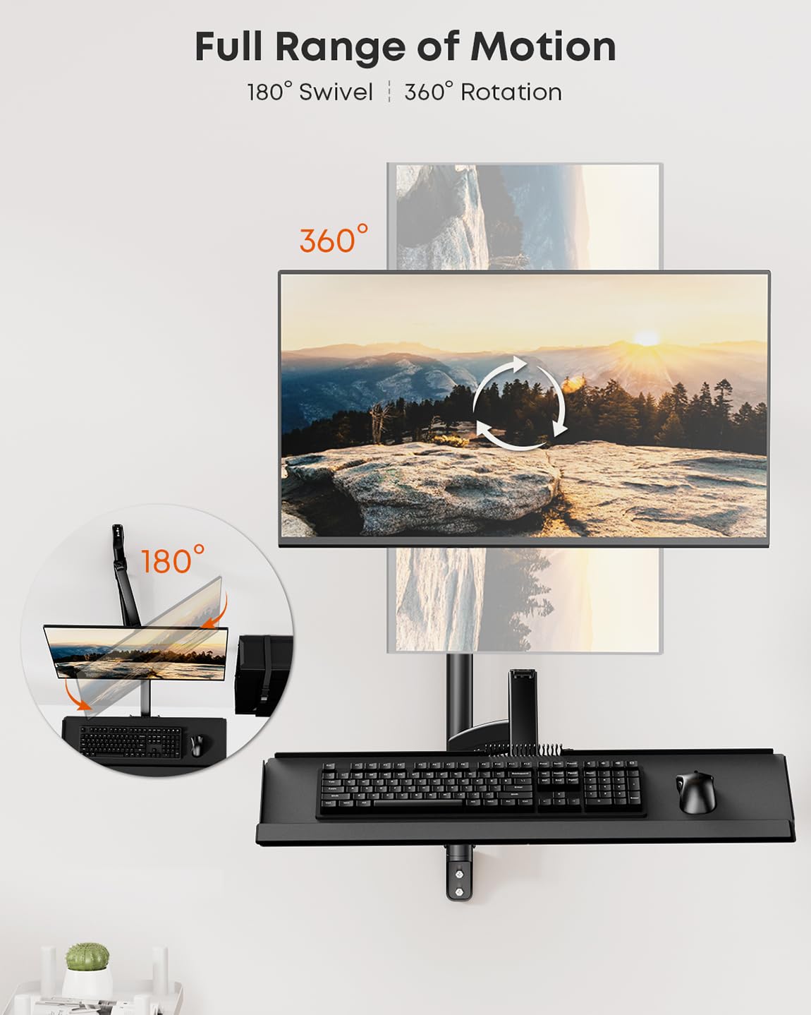 Soporte de pared para estación de trabajo con soporte para monitor individual, bandeja para teclado y soporte para CPU, altura ajustable y brazos totalmente articulados para pantallas de 17-32