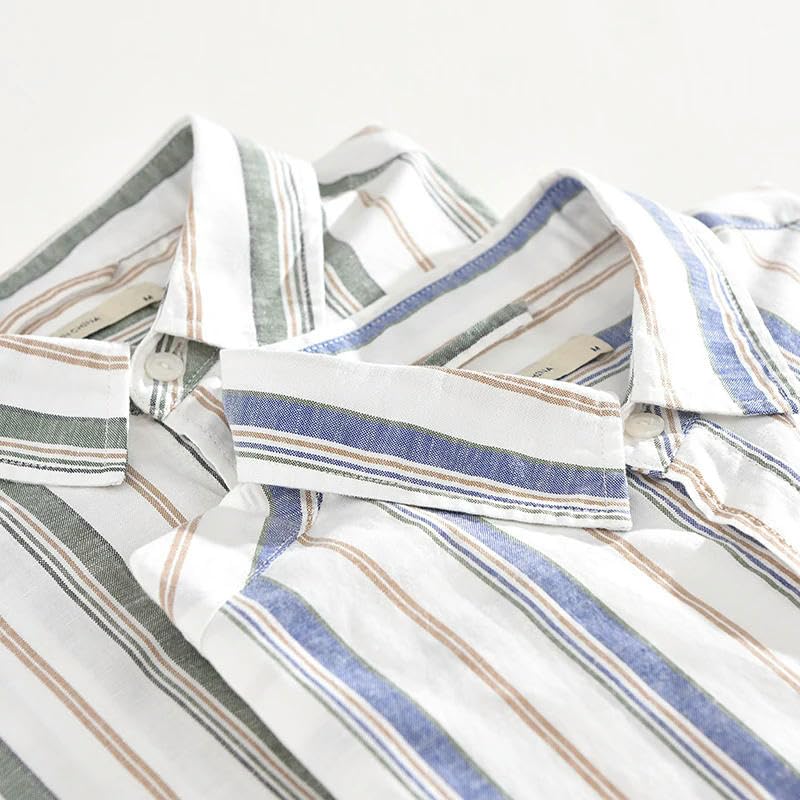 Chemise homme rayures manches longues coton lin décontractée été - 5