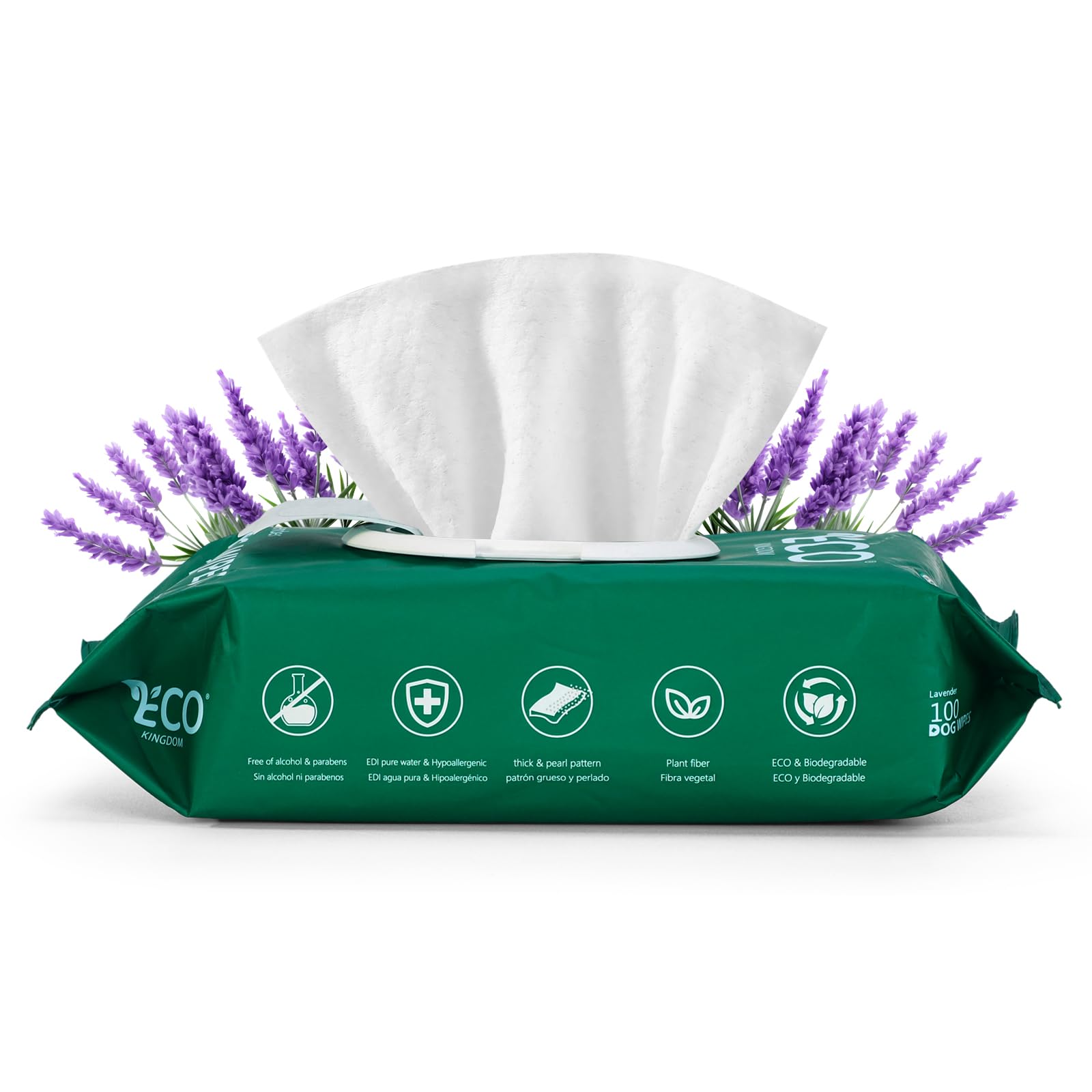 ECO KINGDOM Pet Wipes, 200 Pack Lavender Scented Dog & Cat Wipes, Thick Textured Biodegradable Wipes for Paws, Face, Ears and Body, Alcohol-Free Hypoallergenic Cleaning Wipes for Pet, 2 x 100 Count