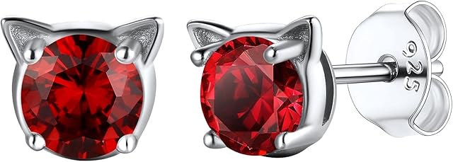 SILVERCUTE Cute Birthstone Cat Stud Earrings For Women, Hypoallergenic 925 Sterling Silver Earrings For Teen Girl, Send Gift Box