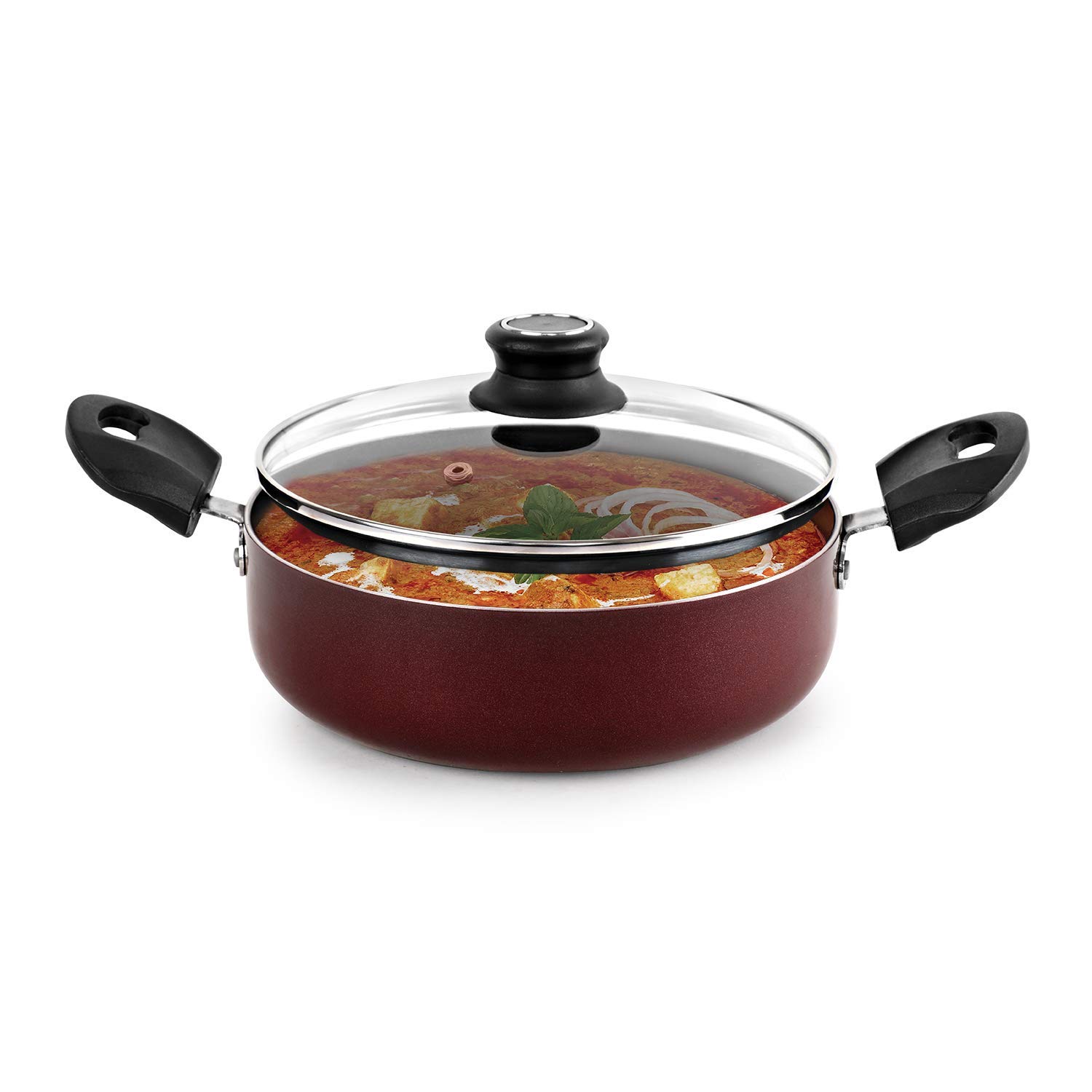 Cello Prima Non-Stick Aluminium Cookware Set of 4 Pcs for Kitchen, Cherry | Kadhai with Glass Lid 22CM, Fry Pan 22CM, Dosa Tawa 28CM & Tadka Pan, Gas Stove & Induction Base Utensils Set for Cooking 4