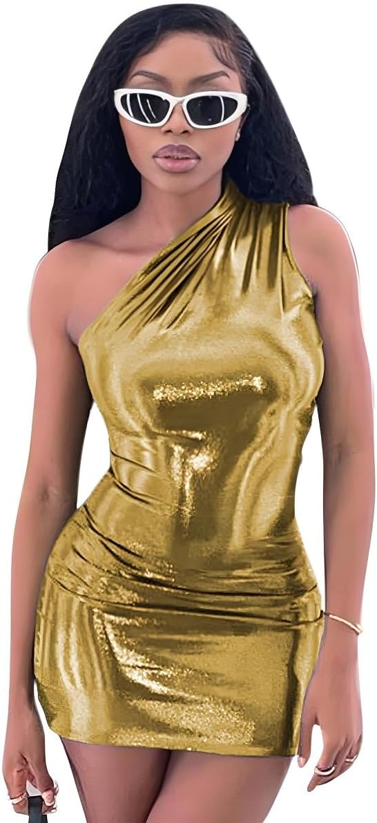 One Shoulder Gold Mini Bodycon Dress