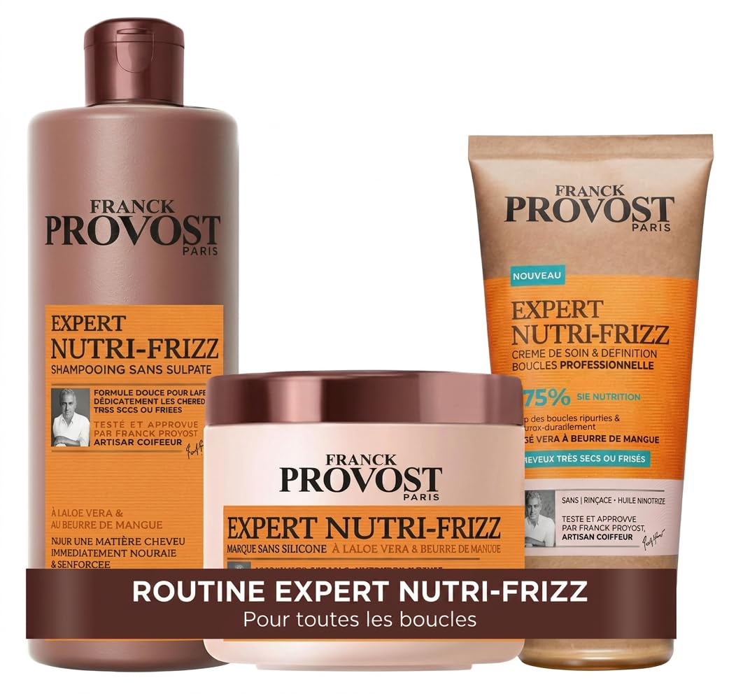 Franck Provost Expert Nutri-Frizz Coffret Shampooing, Masque et Crème de Soin et Définition Boucles Professionnelles Sans Silicone Sans Huile Minérale 400ml, 400ml, 200ml