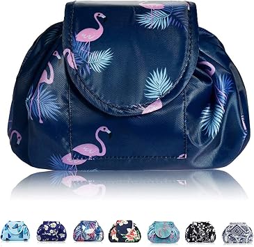 Vavabox Lazy Drawstring Makeup Bag, Flat Lay Cosmetic Bags Blue Flamingo