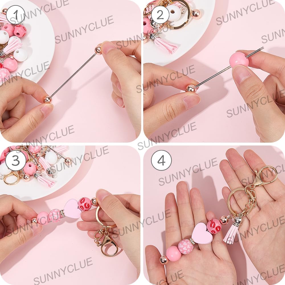 SUNNYCLUE DIY 6 Sets Valentines Day Beadable Keychains Pink Wood Beads Romantic Love Rose Flower Charms Keychain Bar Bulk Keychain Bars for Women Adults Gift Party Favor Supplies