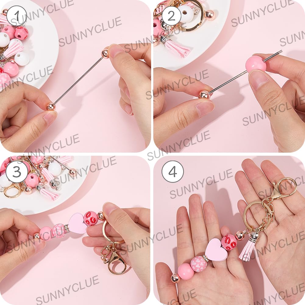 SUNNYCLUE DIY 6 Sets Keychain Making Kit Valentines Day Beadable Keychains Pink Wood Beads Romantic Love Rose Flower Charms Keychain Bar Bulk Keychain Bars for Women Adults Gift Party Favor Supplies - Image 4