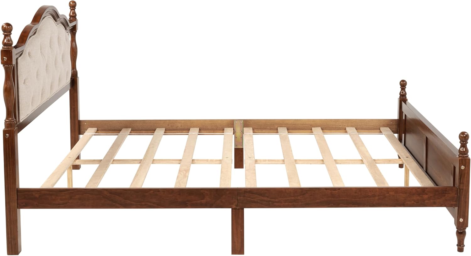 Queen Size Bed Frame with Upholstered Headboard, Solid Pine Wood Platform Bed, Panel Footboard, Heavy Duty Support, No Box Spring Needed, Vintage Style, Walnut