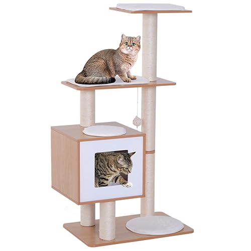 PawHut Árbol Rascador para Gatos de Madera 71,5x49,5x120 cm Torre de Gato con Cueva Plataformas Postes Rascadores de Sisal Cojines de Felpa Suave y Bolas Colgantes Natural - Natual y Blanco