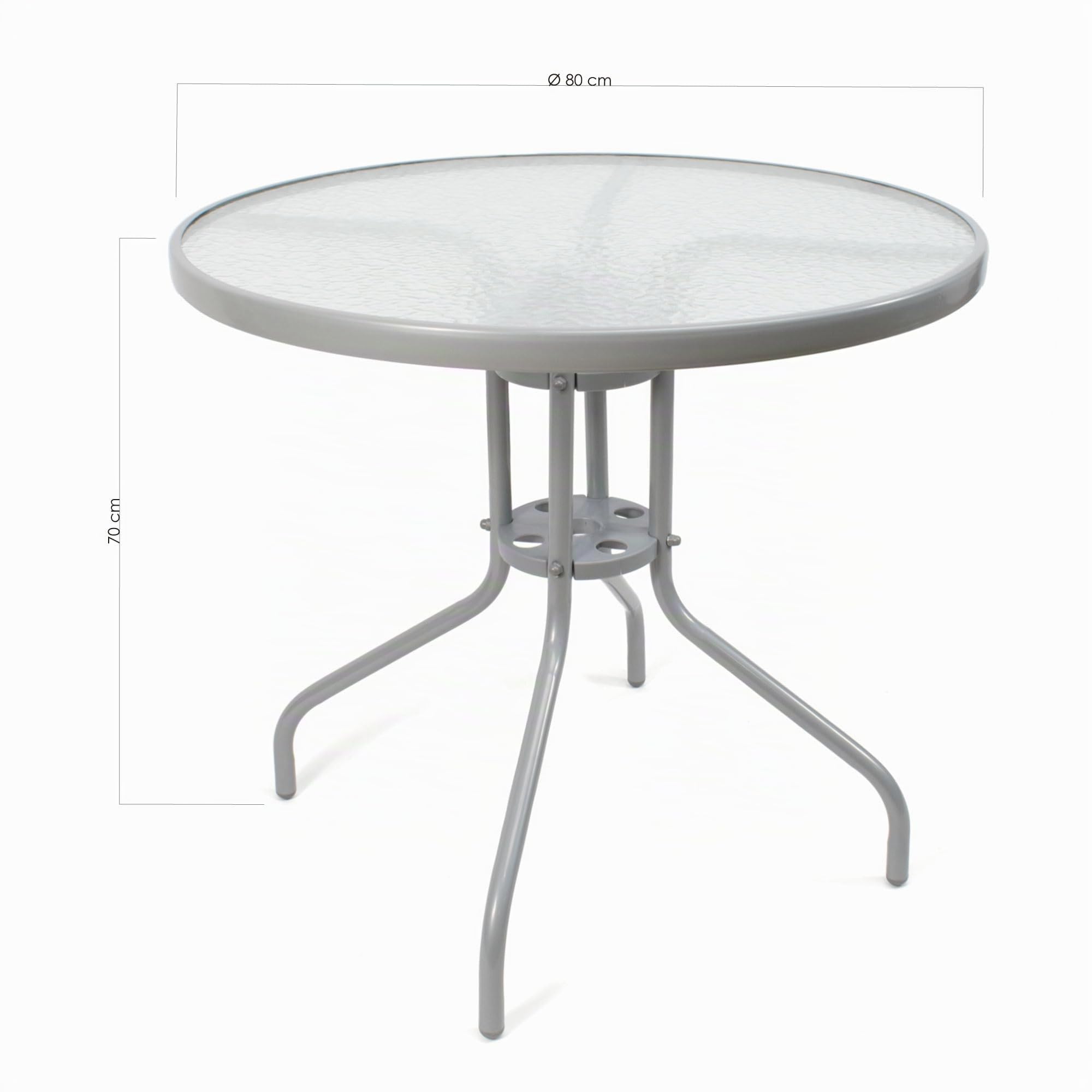 THE SECRET HOME - Mesa Redonda de Metal con Base de Cristal Texturizado - Alto. 70 cm x Ø80 cm - Mesa para Jardín, Terraza, Patio o Balcón (Gris - Ø80 cm)