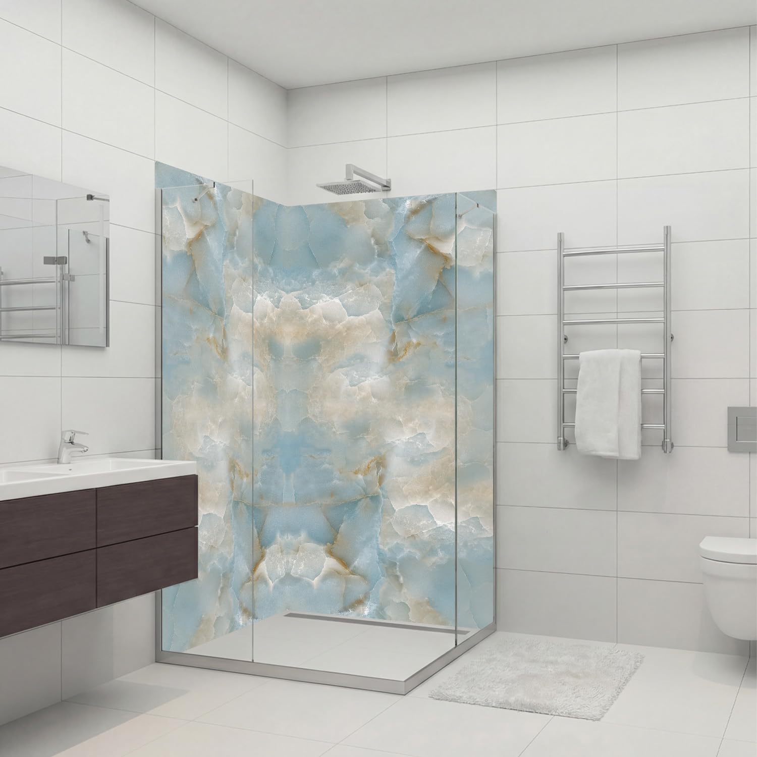 dedeco - Parete angolare in alluminio per doccia con motivo bosco V2, 2 x 90x200 cm, perfetta come parete per il bagno per sostituzione delle piastrelle, adatto a molti bagni