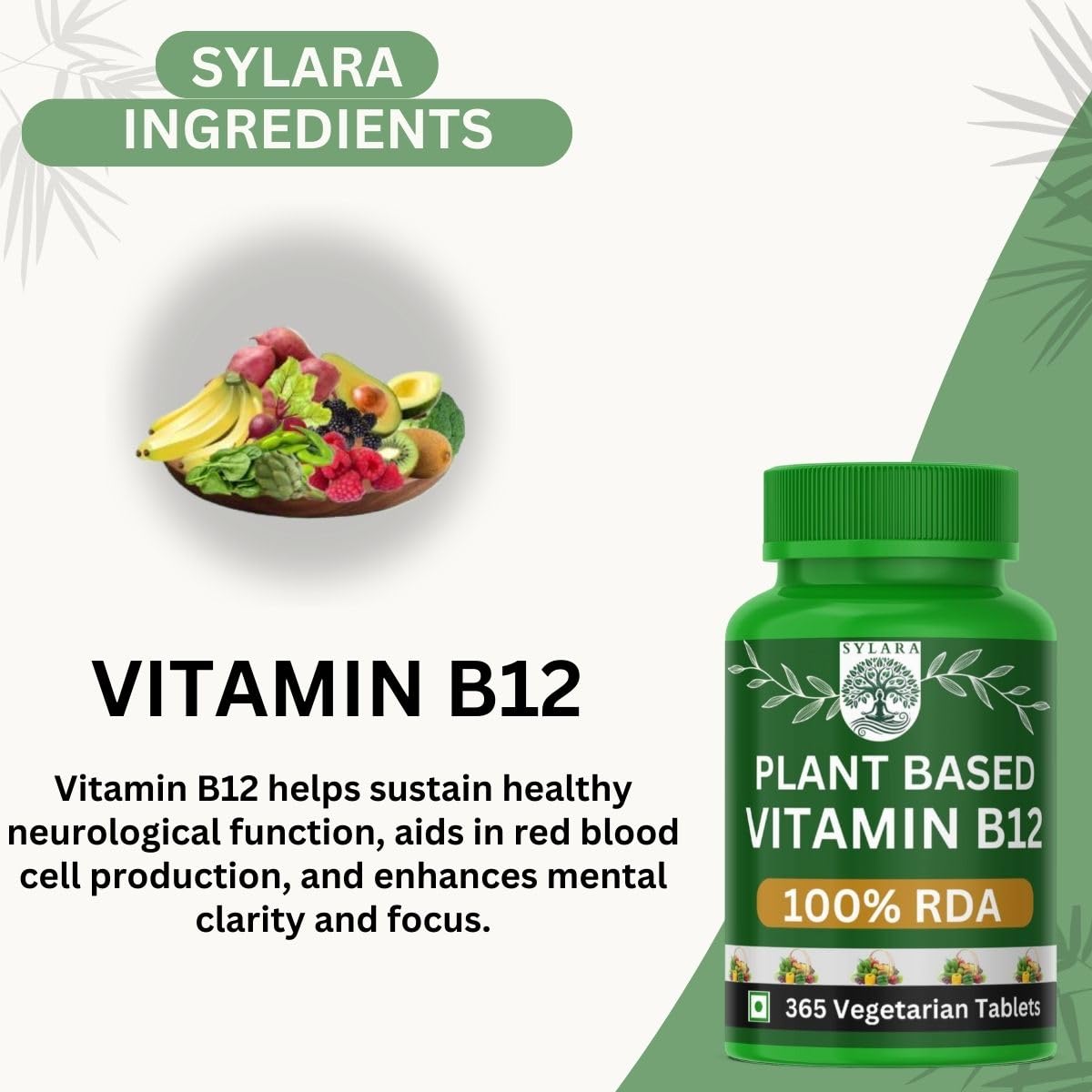 SYLARA Vitamin B12-365 Tablets - 100% RDA [Lab Tested] Plant based Methylcobalamin Capsules Supplements — Amazon image 3