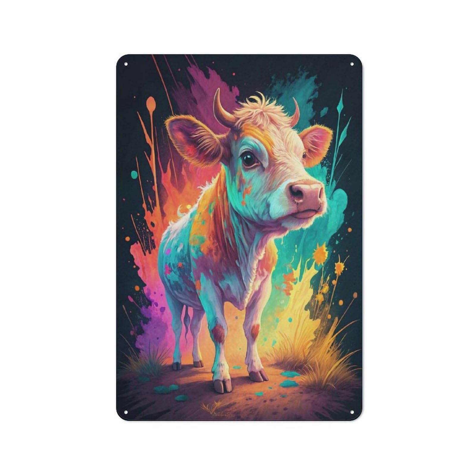 Junmoney Style-15 Colorful Cow With Splattered Paint Tin Sign 30X20cm, Modern Vintage Creative Space Decor For Hobby Room, Office, Lounge Or Living Room