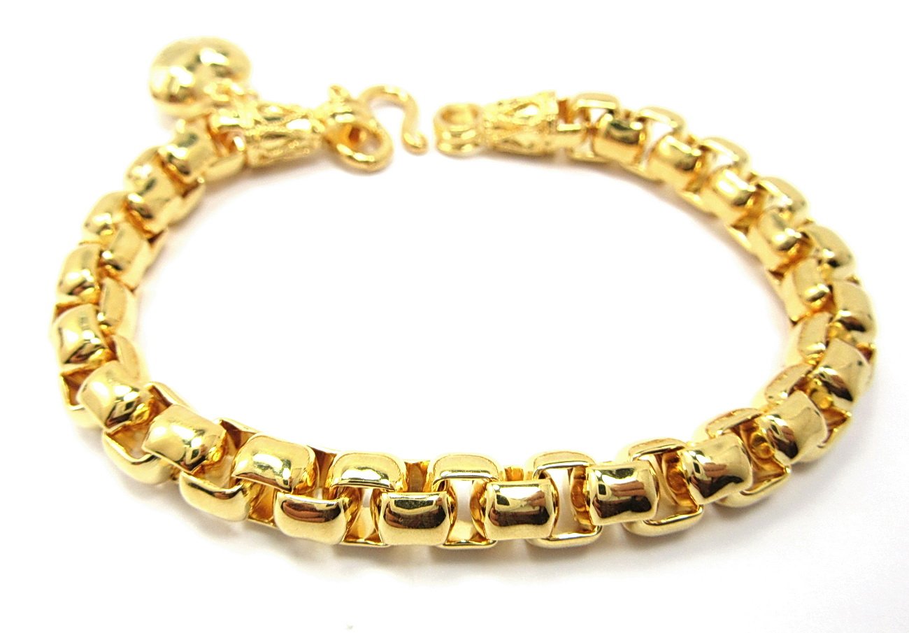 Thailand's Classic Box Link 7" Heart Charm Bracelet 24k Gold Plated Thai Baht Style