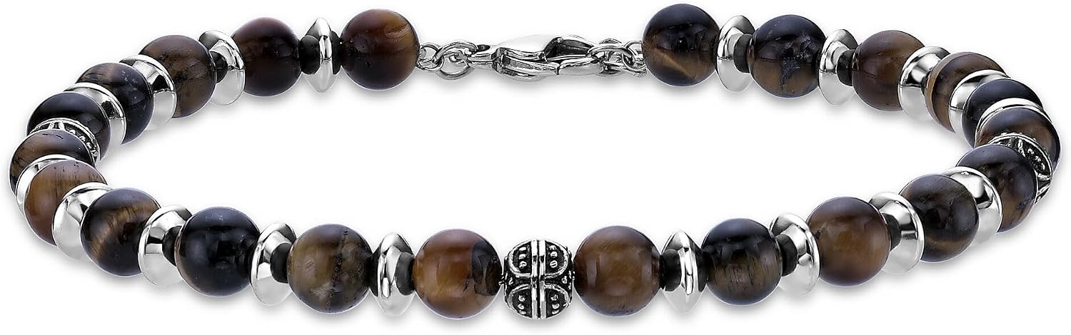 Metro Jewelry Stainless Steel Tiger Eye/Malachite Bead Bracelet 8.2 Inches