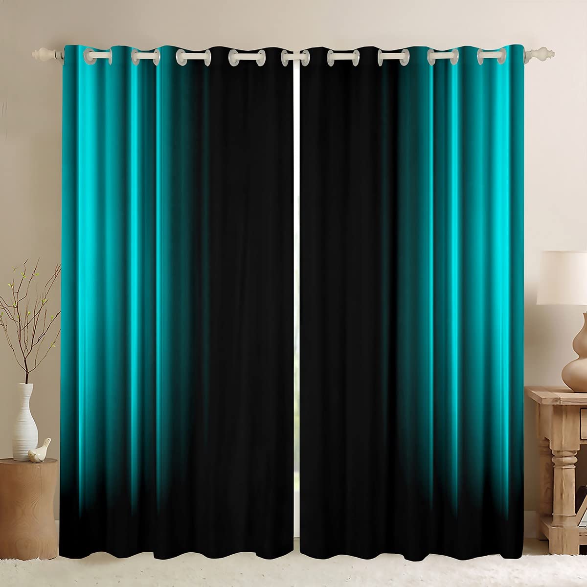 Feelyou Geometric Abstract Ombre Window Curtains for Bedroom Living Room Kids Teens Teal and Black Striped Curtains Decor Modern Fashion Window Drapes