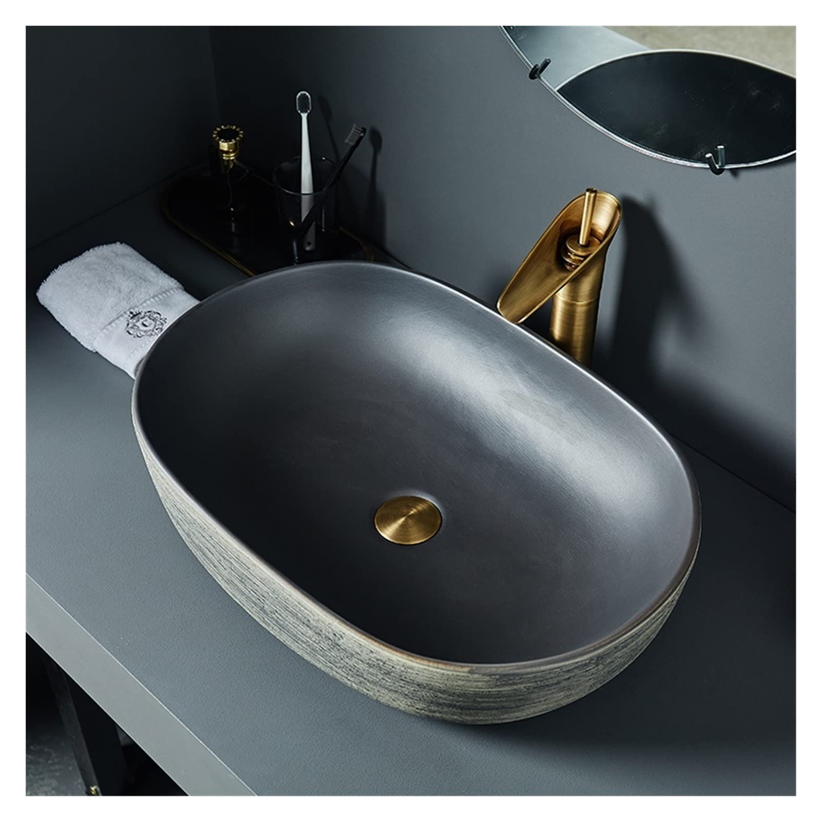 Aderfetbi Basin Set Bathroom Sink Oval Countertop Sink Ceramic Vessel Bathroom Single Bowl For Cabinet Lavatory Vanity Basin(Basin Set)