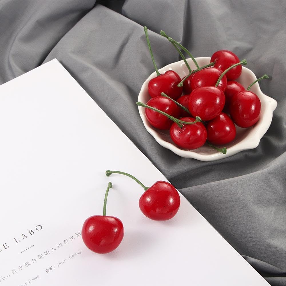 20pcs Red Artificial Cherries, Fake Fruit Decor Simulation Cherry Model Lifelike Fruit Cherry Ornament, Home Kitchen Party Decoration Desk Ornament Photography Prop