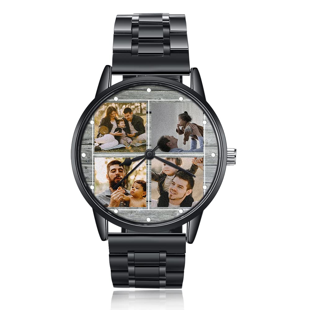 lorajewel Reloj de Hombres Personalizado Nombre Fecha Foto,Cronógrafo Deportivo de Cuarzo Moda Negocio Impermeable Relojes de Pulsera Acero Inoxidable Negro para el día del Padre