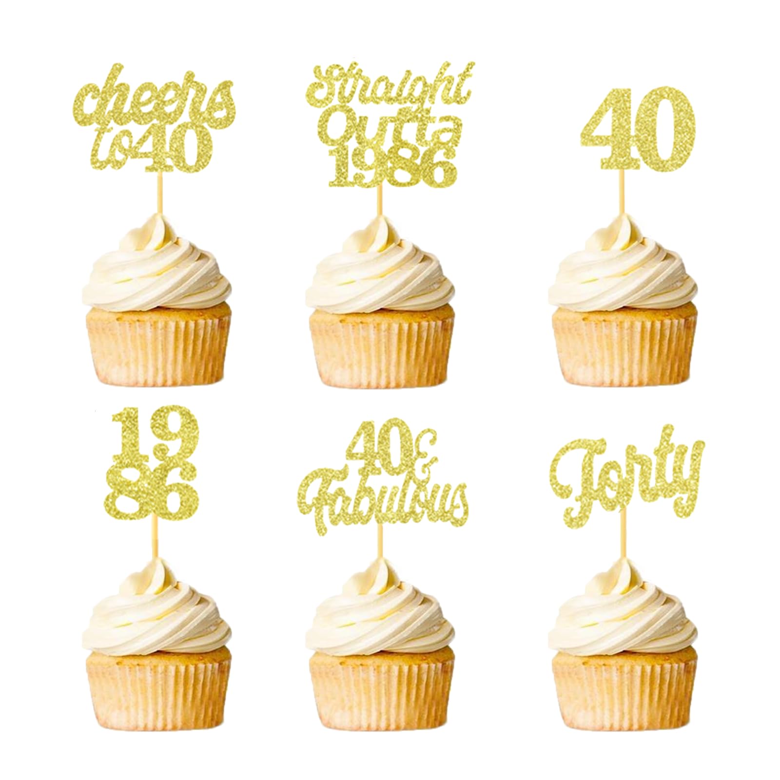 24Pcs 40th Birthday Cupcake Toppers Forty Fabulous 40 Straight Outta 1986 Glitter Cake Topper Decorations for Cheers to 40 Years Anniversary Wedding Birthday Party Supplies