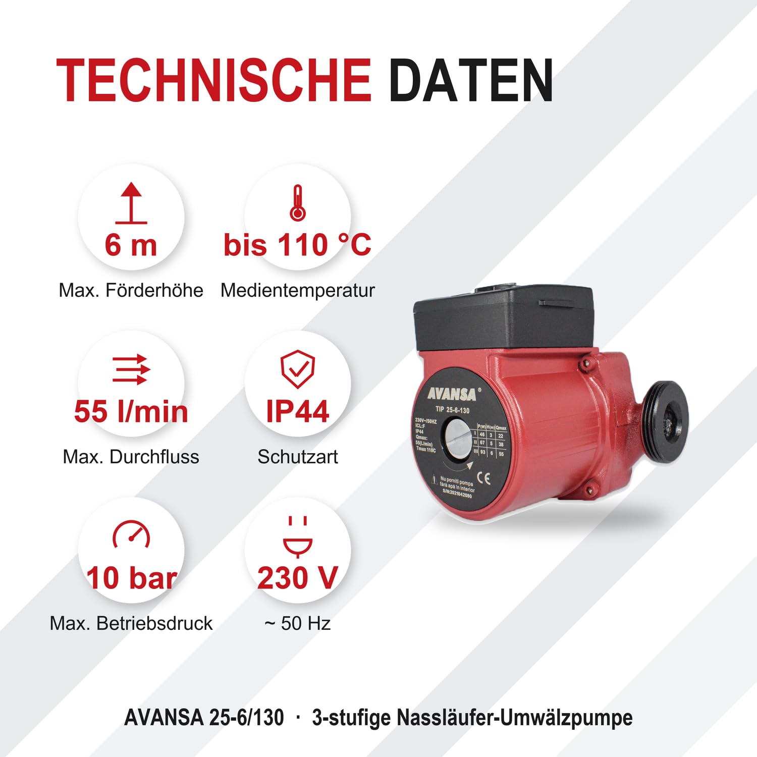 AVANSA 25-6/130 Pompa obiegowa CO 230 V – DN25 1½ cala, długość 130 mm – 6 m podnoszenia, 55 l/min – 3 biegi 46/67/93 W – wirnik mokry