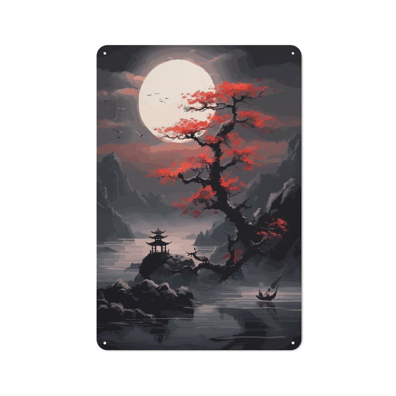 Junmoney Moon Japanese Landscape Tin Wall Plaque 30X20cm With For Bar Or Restaurant, Suited To Restaurant Interior Fans