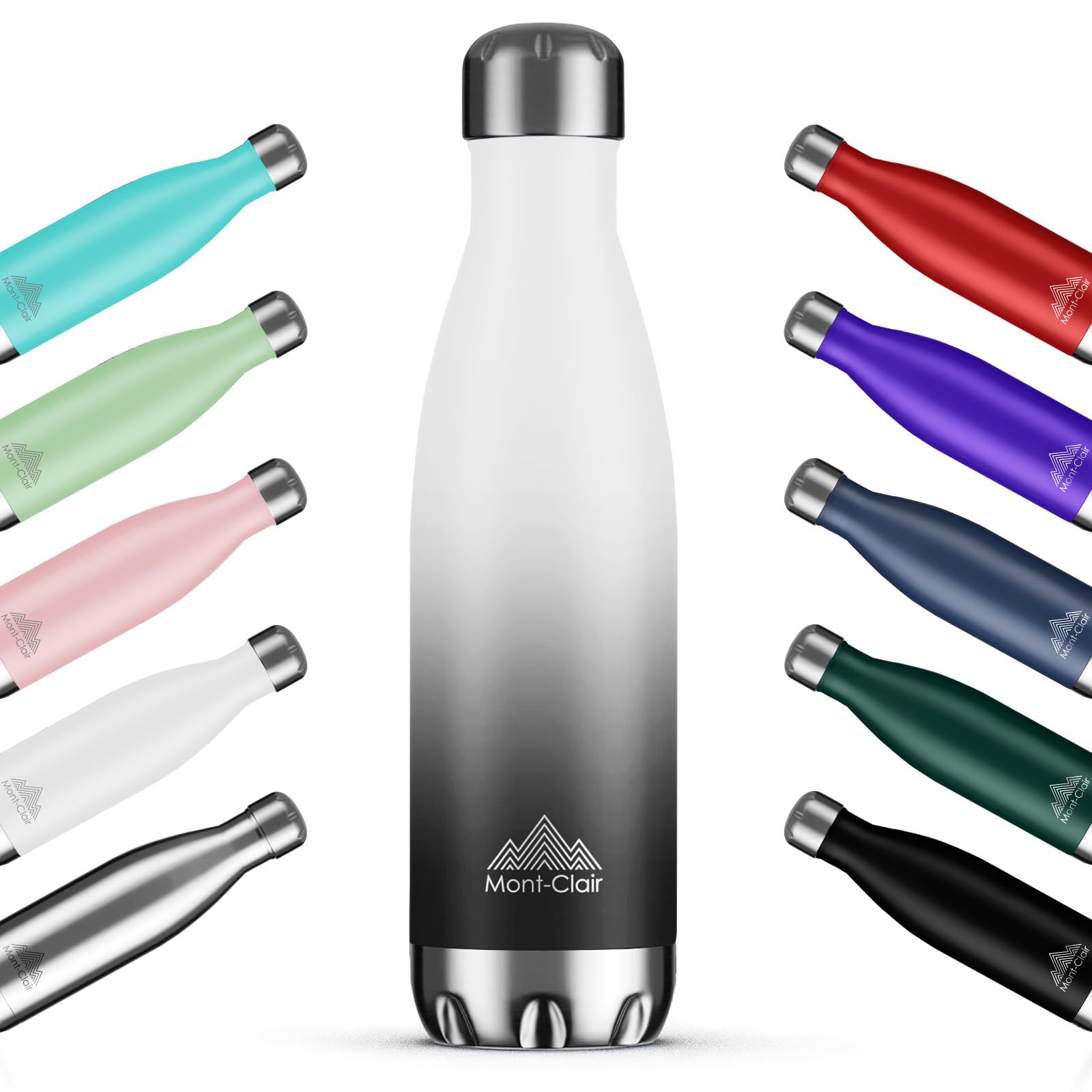 Mont-Clair H2O Stainless Steel Water Bottle, Vacuum Insulated - BPA Free, 12h Hot & 24h Cold Drinks, Metal Water Bottle 500ML Leakproof, Ideal for Adult, Kids, Running - Gradient White/Grey
