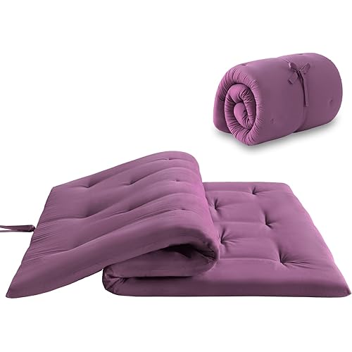 Mollydot Japanese Floor Futon Mattress Queen Size 60"x 80", Foldable Floor Bed Mattress, Portable Tatami Mat Sleeping Pad, Folding Futon, Roll Up Floor Lounger for Guest Room Dormitory (Purple)