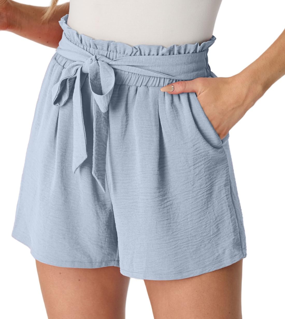 PrinStory Leicht Damen Shorts Gürtel Breites Bein Kurze Hose Mit Taschen High Waist Sommershorts