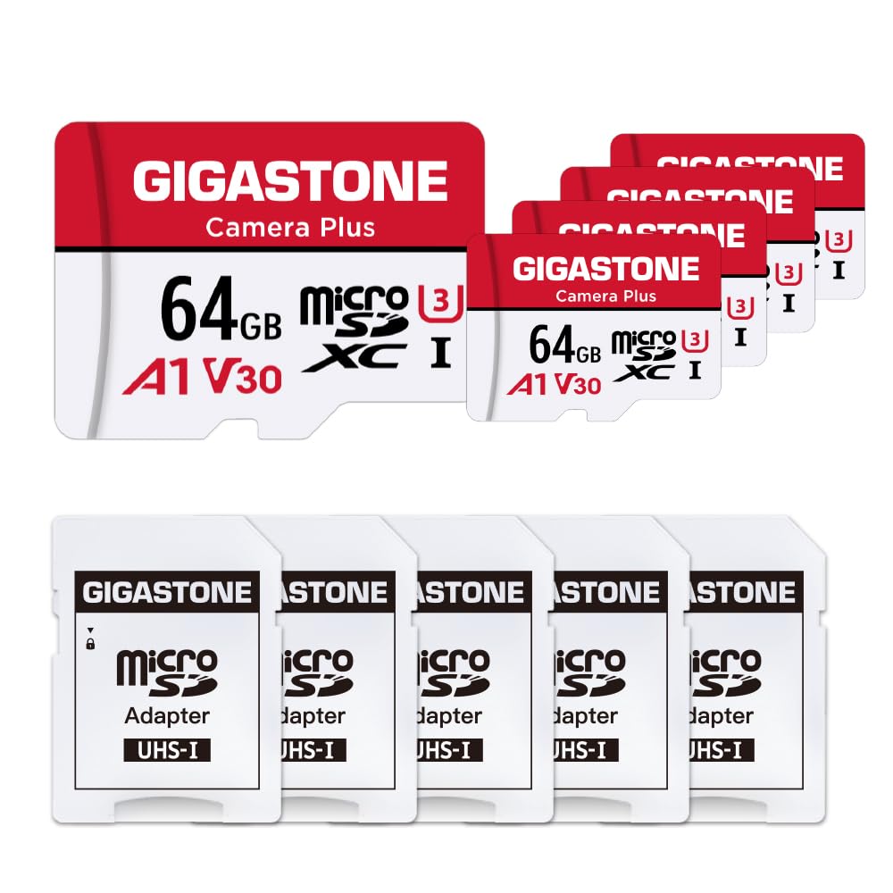 Gigastone - Tarjeta de Memoria de 64 GB, Juego de 5 Tarjetas, cámara Plus Serie, Velocidad de hasta 95 MB/s. Ideal para cámara de vídeo Full HD Gopro Drone, U1 C10 Tarjeta Micro SDXC con Mini Carcasa