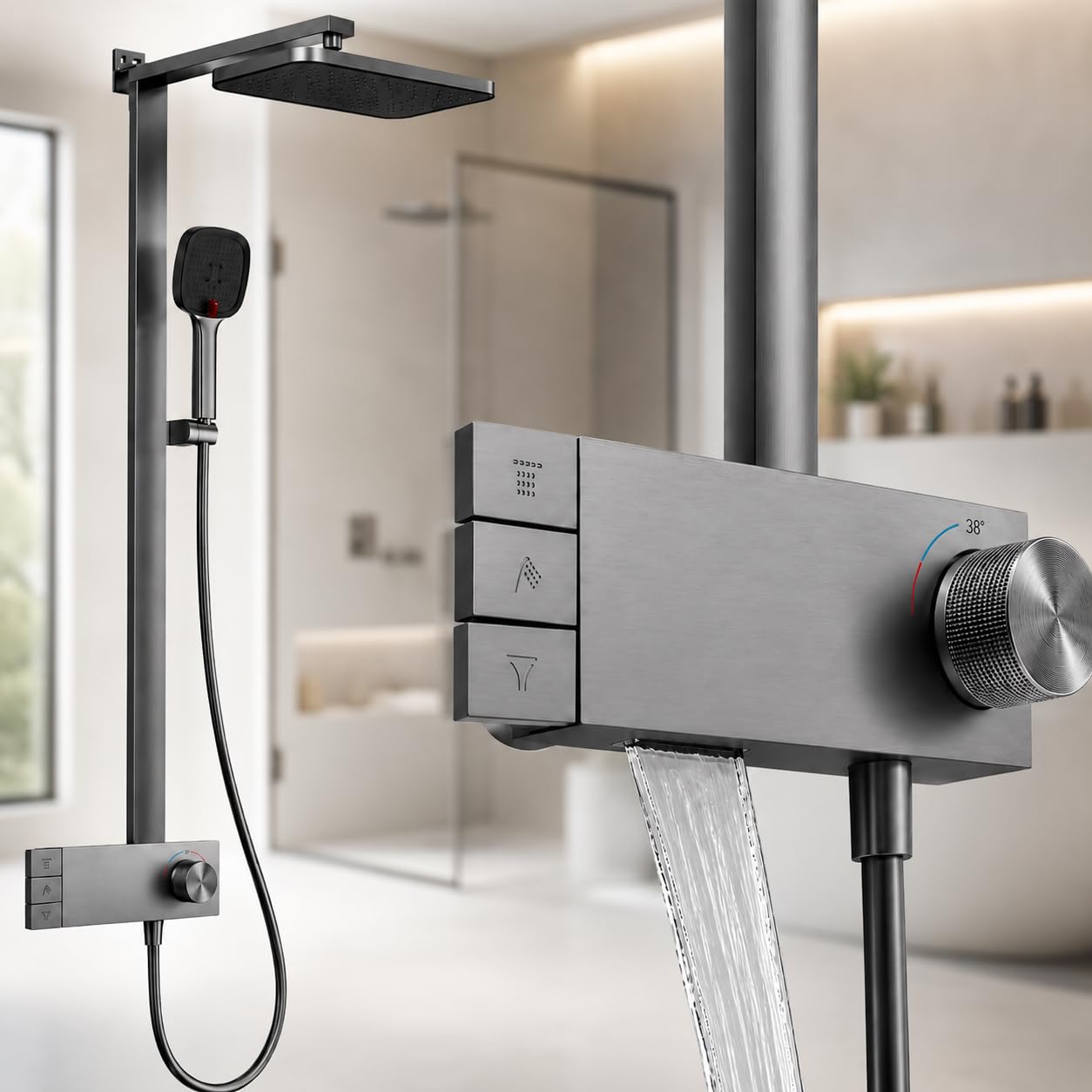 INEX EUROPA Columna de Ducha Negro Gris Titanio Premium Acero Inoxidable 10 Años Garantía - Columna Ducha Cuadrada Efecto Lluvia 3 Modos de Operación - Torre de Ducha 137cm Negro Gris Titanio