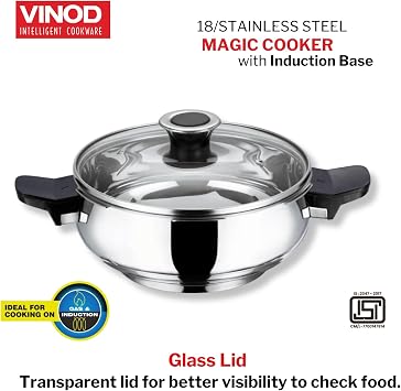 Vinod Magic Stainless Steel Smart 3 in 1 Pressure Cooker 5.5 Litre | 5mm Thick Base | All in One Cooker with Strainer & Glass Lid | Induction and Gas Base | ISI certified, Silver